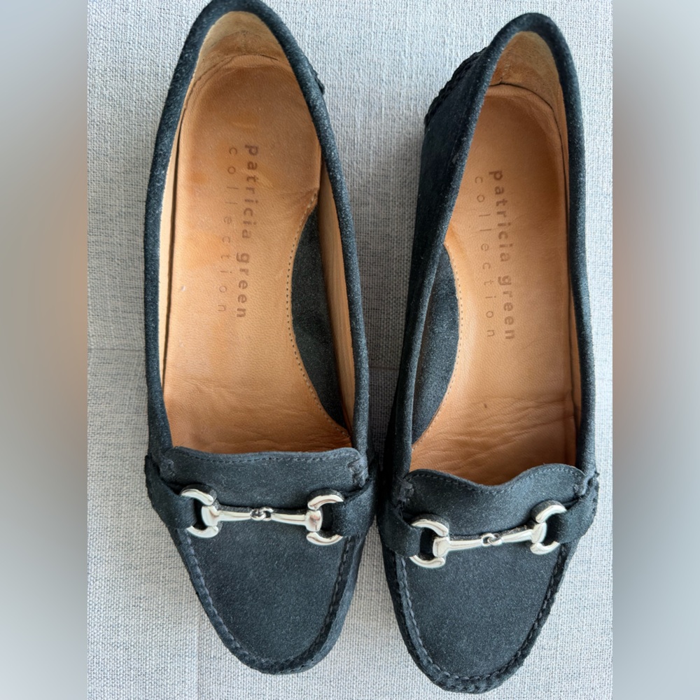 Patricia Green Black Suede Loafers with Silver Buckle